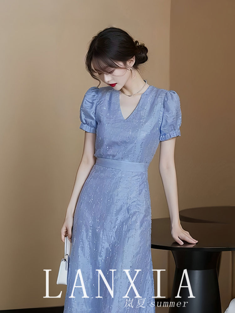 Váy dài maxi nữ thắt eo kiểu Pháp sang trọng dự tiệc hè — Màu xanh lam, Màu tím chi tiết 5