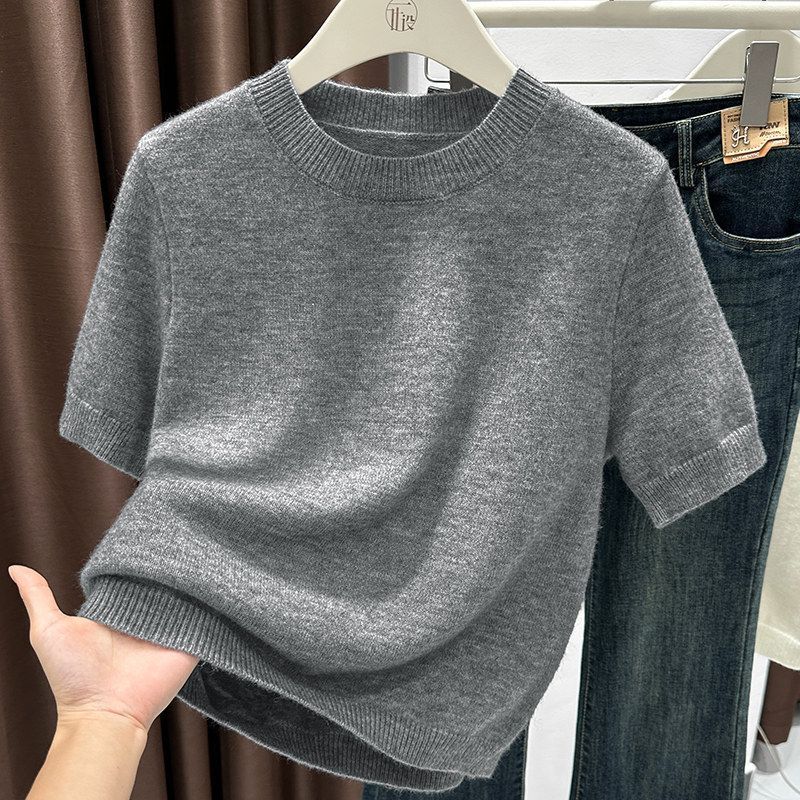 New Korean Style 2026 Solid Color Minimalist Round Neck Short-Sleeve Knit Top for Women, Summer Loose Slimming Base Shirt