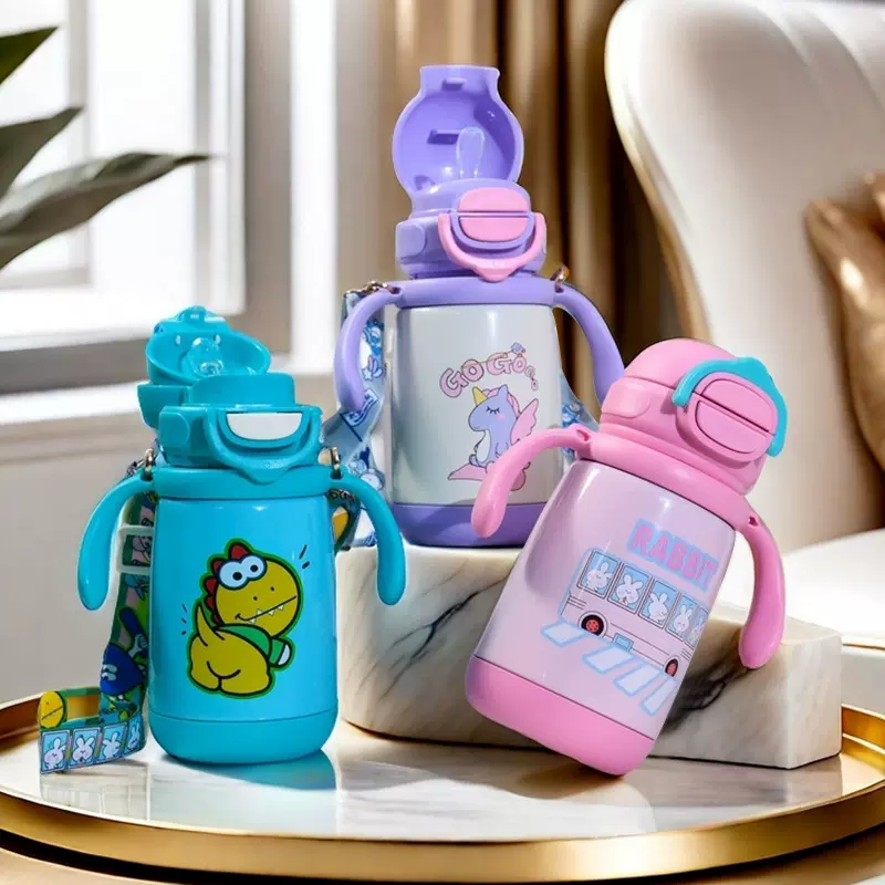潮品双饮弹跳杯盖儿童不锈钢保温杯宝宝学饮杯带手柄外出便携背带