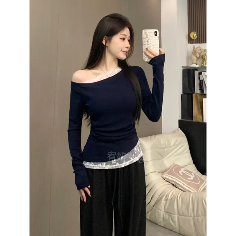 秋季穿搭女蕾丝假两件一字斜露肩长袖T恤修身收腰褶皱打底小上衣|undefined