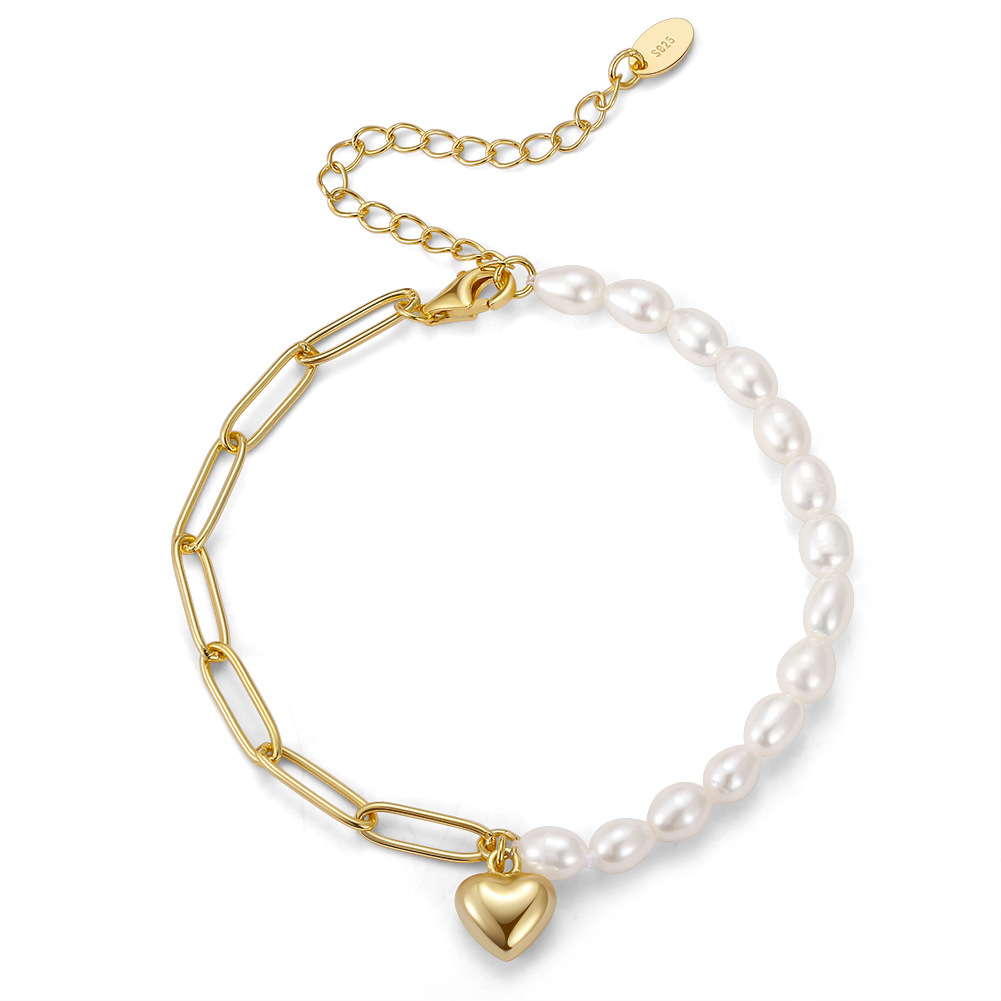 9g Weight 0.03µm Gold Plating Thickness Freshwater Pearl Sterling Silver White Gold Plated Rhodium Plated Beaded Plating Heart Shape Freshwater Pearl Chain Bracelets