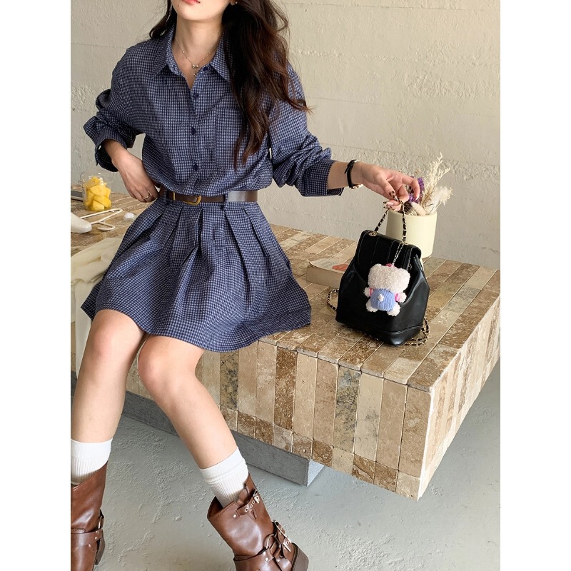 3th Morning with belt Middle Korean blue plaid shirt dress ZY2641