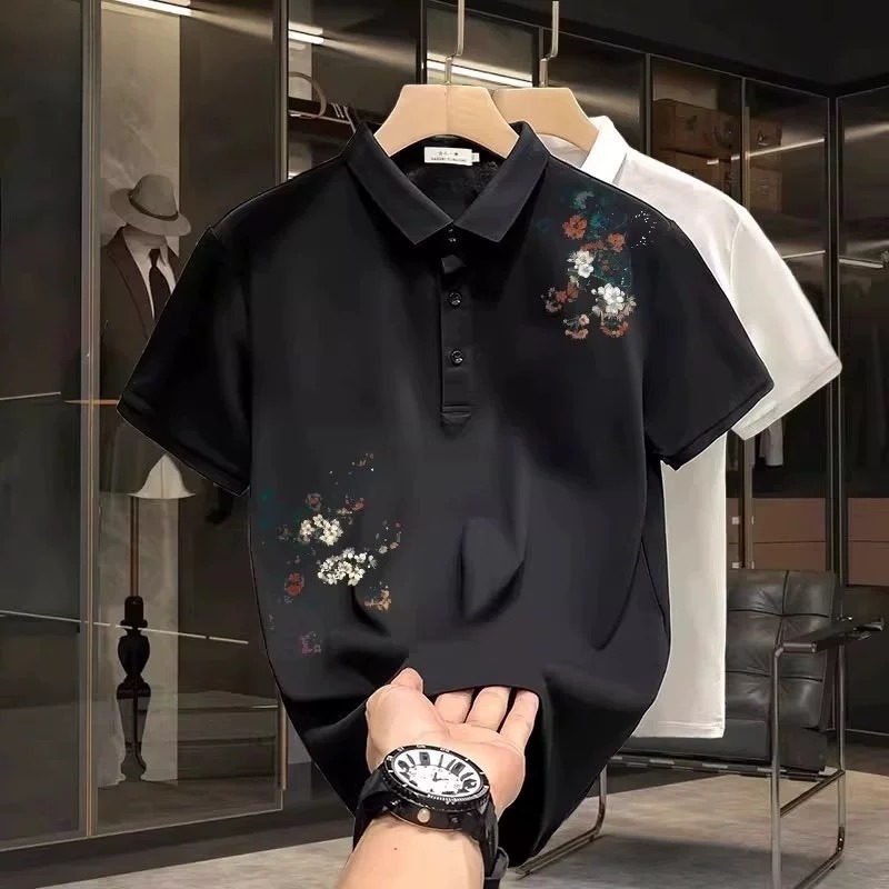 Chinese Style Men's Printed Summer V Neck Top Short-Sleeved Polo Shirt Fashionable Versatile Niche T-Shirt Ins Style Mid-Sleeve