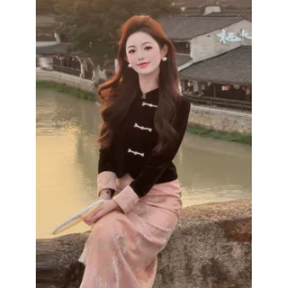 新中式国风套装气质复古盘扣黑色外套半身裙高级小洋装两件套春春