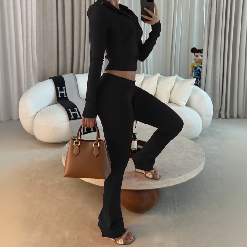 欧美跨境秋季新款女装绑带连帽拉链螺纹长袖纯色修身运动套装|undefined
