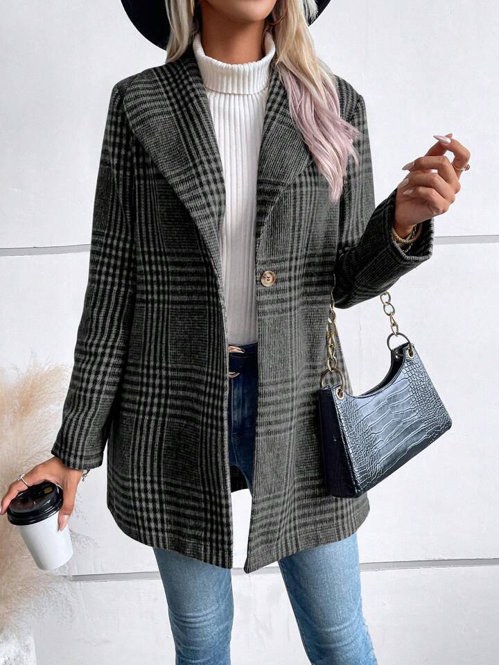Damen Wollmantel Mit Karomuster Und Revers Für Herbst Und Winter_voghion.com