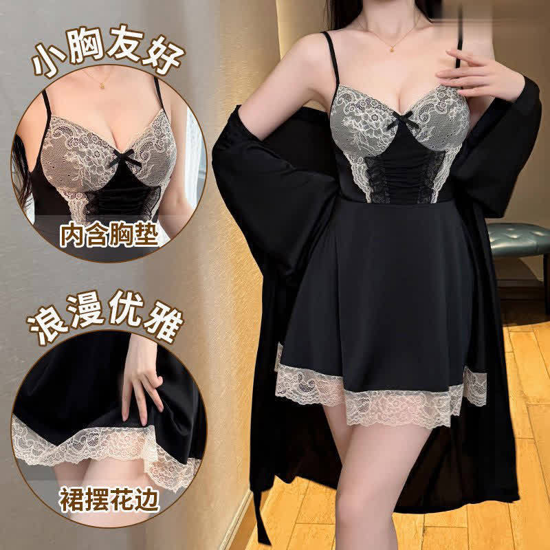 Lace Splicing Pure Lust Nightgown, Waist Slimming, Romantic and Elegant French Style Suspender Pajamas, Uniform Temptation Nightgown