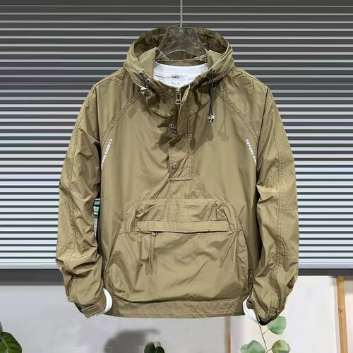 Men's Spring and Autumn Workwear Half-Zip Down Jacket with Hood Sweatshirt Solid Color Pullover Top Loose Casual Jacket Overcoat