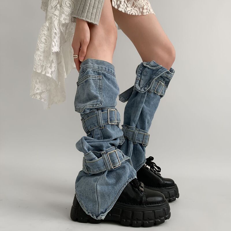 Subculture design, millennial-style, washed denim, Y2K, niche American style, tie-up, ruffled calf socks, unique