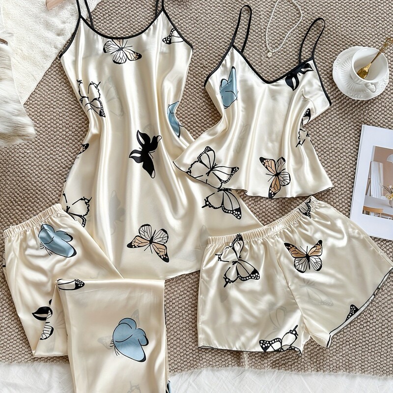 Cross-Border European and American Imitation Silk Home Clothes Set Butterfly Print Home Four-Piece Set Fashionable Casual Pajamas for Women Wholesale