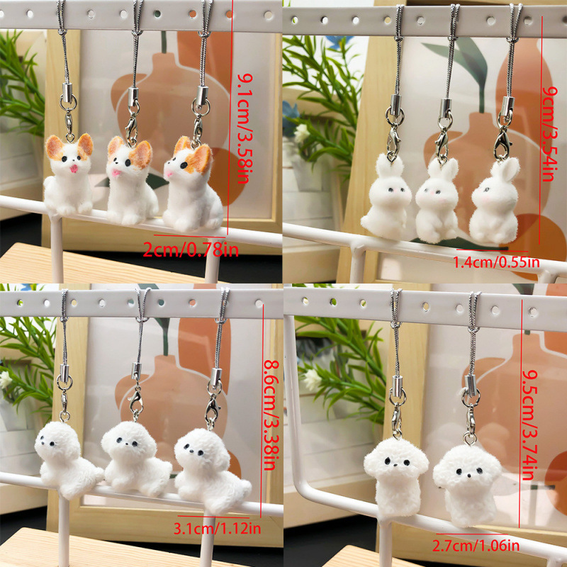 樹脂植毛立体漫画かわいいコーギーテディ子犬ウサギキーホルダー携帯電話ロープジュエリーペンダント|undefined