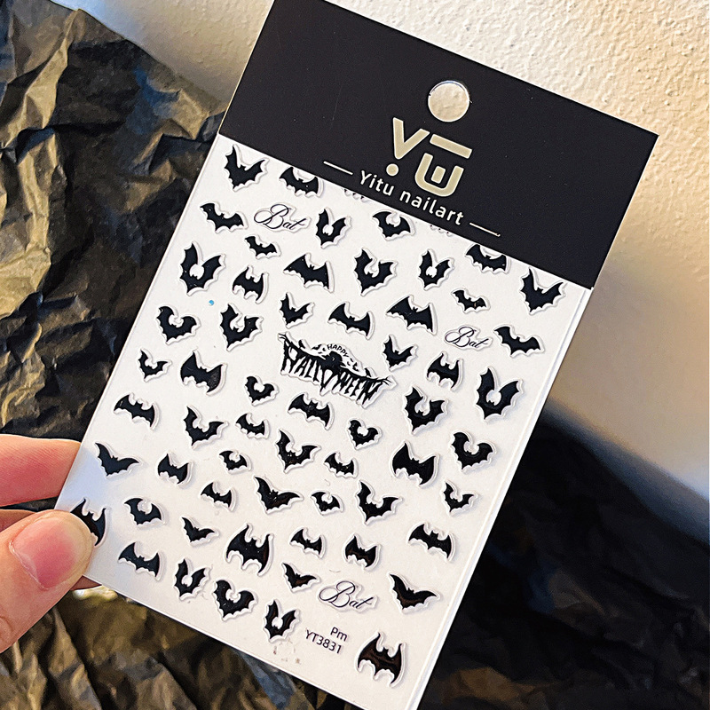 YITU蟻図ハロウィーンシリーズ黒コウモリネイルシールバックゴム邪悪な表情爪装飾YT3831|undefined