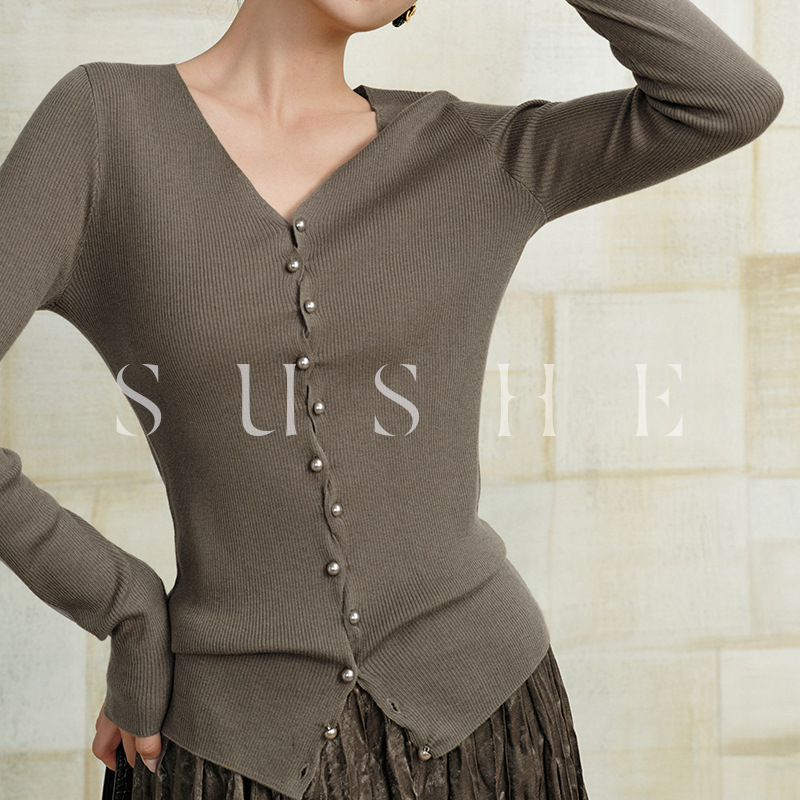 Hanyuan Apparel/Elegant and Lightweight High-Elastic Slim-Fit New Black Knit Cardigan for Women in Autumn