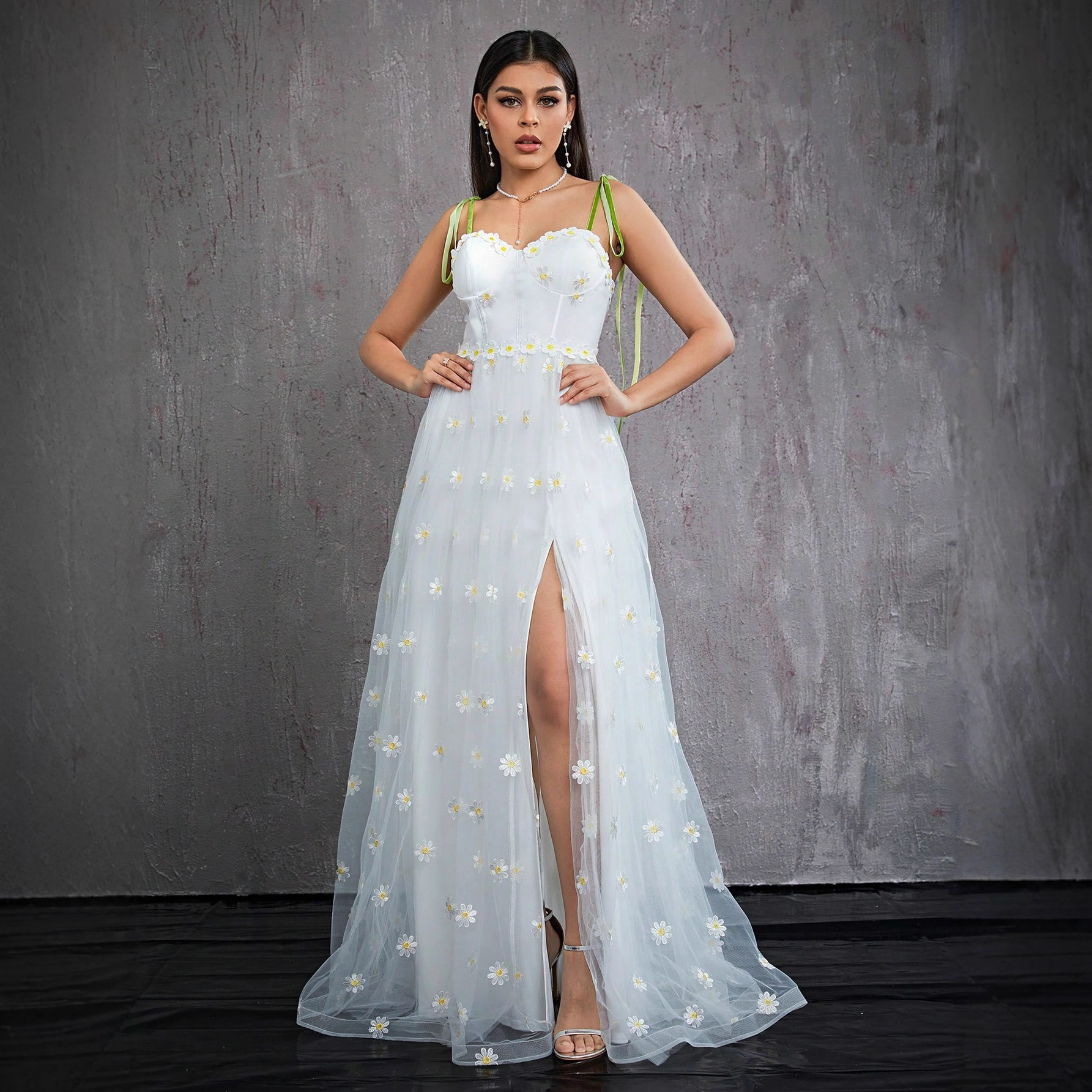 Amazon's New Prom Suspender Evening Dress Embroidered Mesh Slit Dress Adult Tube Top Long Dress Wholesale for Women