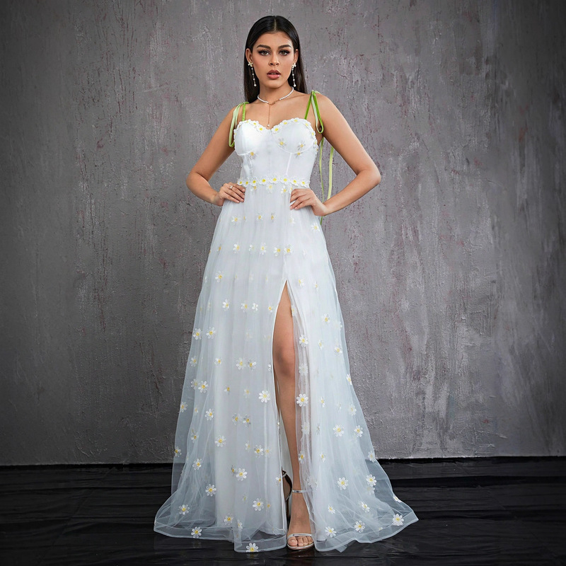 Amazon's New Prom Suspender Evening Dress Embroidered Mesh Slit Dress Adult Tube Top Long Dress Wholesale for Women