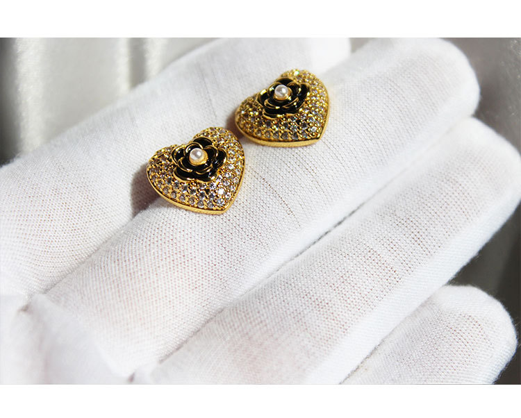 Earrings, Ear Studs Classification Travel Occasion Fashion Heart Black Drop Glaze Camellia Pearl Copper Gold-plated Earrings