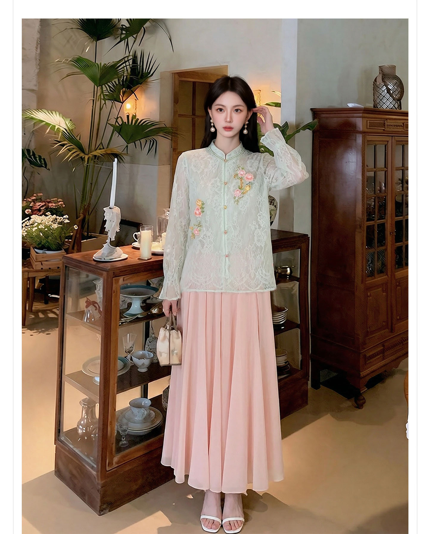 Bộ áo khoác và chân váy thêu hoa tơ tằm cao cấp phong cách Tân Trung Hoa — bộ đồ, nửa váy, áo khoác chi tiết 8