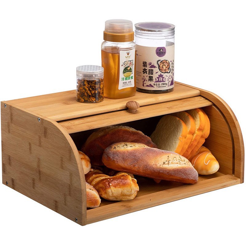 Pan caja de madera almacenamiento de aperitivos cocina a prueba de polvo caja de almacenamiento multiusos puerta de bambú de una sola capa caja de postre de pan