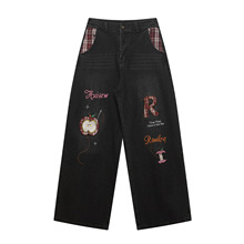 美式复古水洗苹果字母刺绣直筒牛仔裤男女宽松休闲百搭阔腿长裤