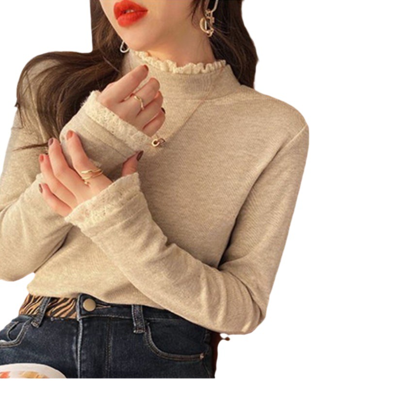 Otoño e Invierno retro de encaje de cuello alto de terciopelo camisa de fondo de estilo occidental de las mujeres desgaste interior primavera nueva polar forrado de manga larga Camiseta superior