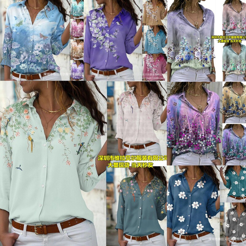 Spot European and American foreign trade Amazon women's loose lapel long sleeve single breasted shirt temperament Lady printed top