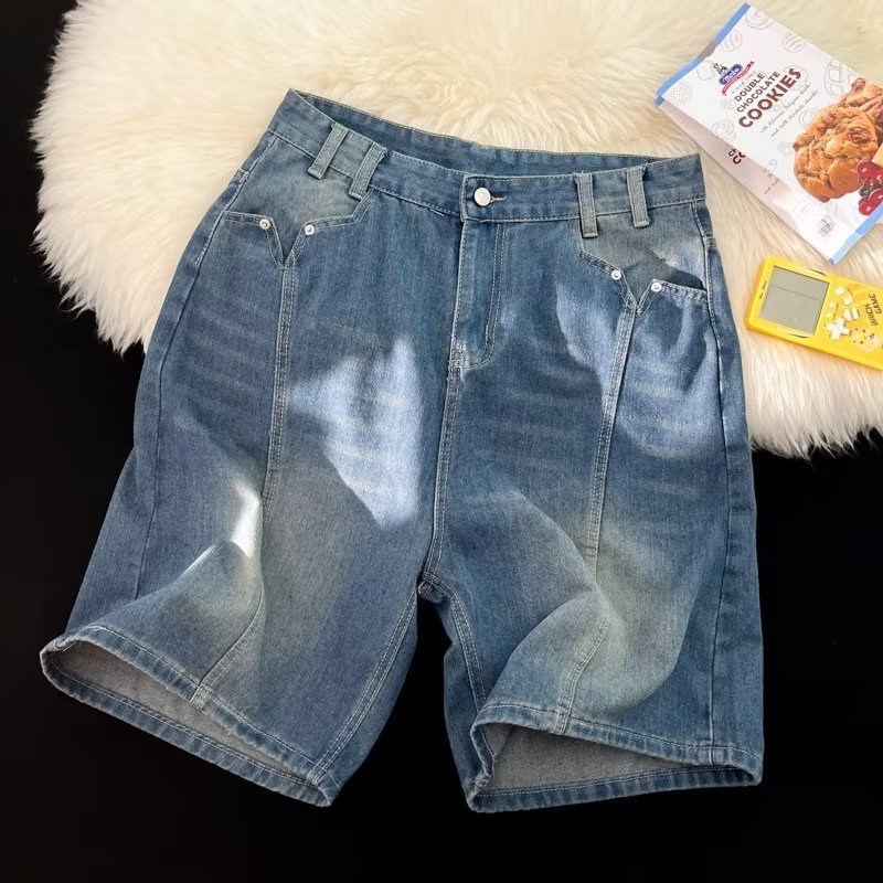 Retro Washed Denimshorts Herren Japanische Splicing Sommershorts_voghion.com