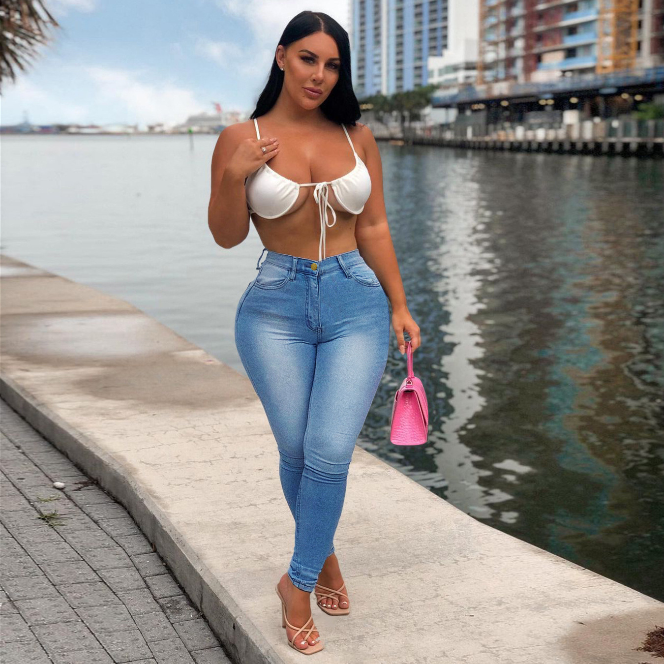 Jeans Ajustados Casuales para Mujer de Algodón, Cintura Alta, Lavado