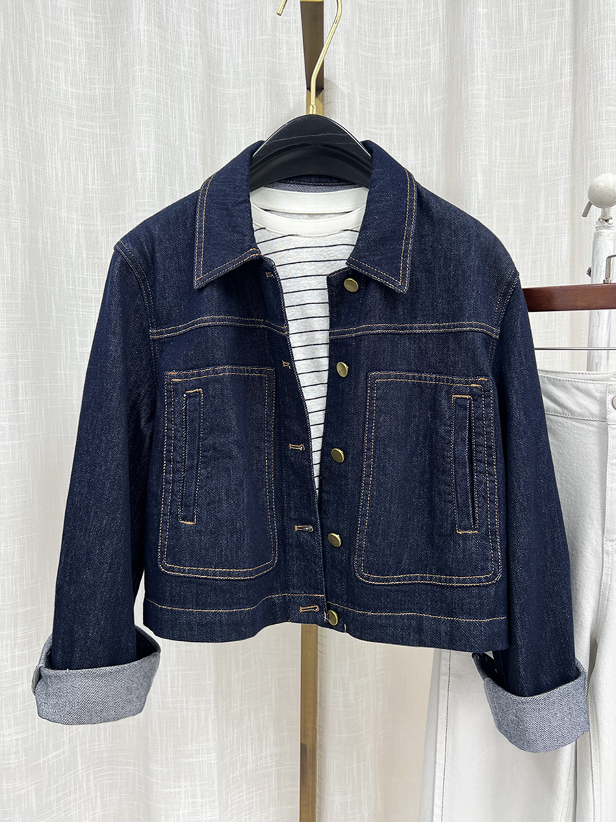Áo khoác denim nữ phong cách cổ điển tay trễ vai dáng ngắn — màu xanh