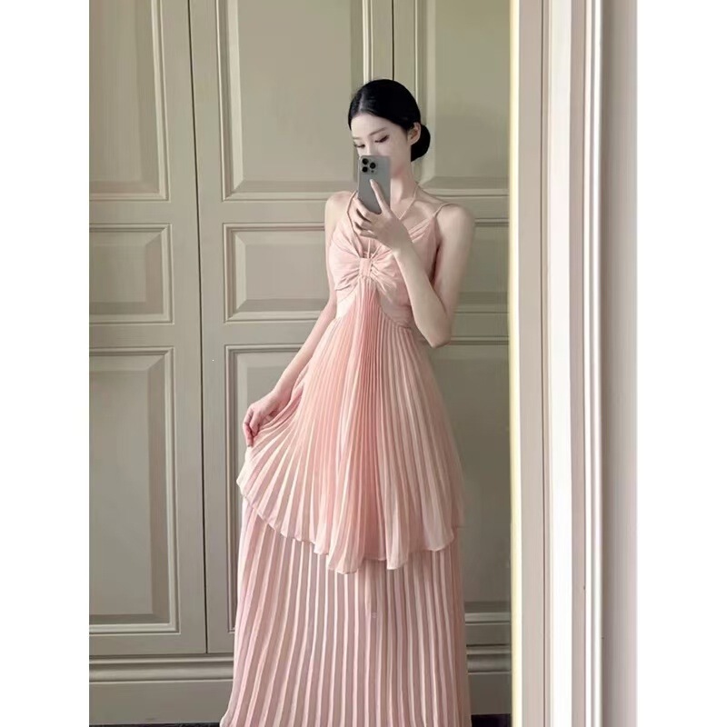 【Original Fabric】 ➕ Inner Lining】Island Vacation Style Long Strap Dress for Summer 2026 Beach Wear Pink