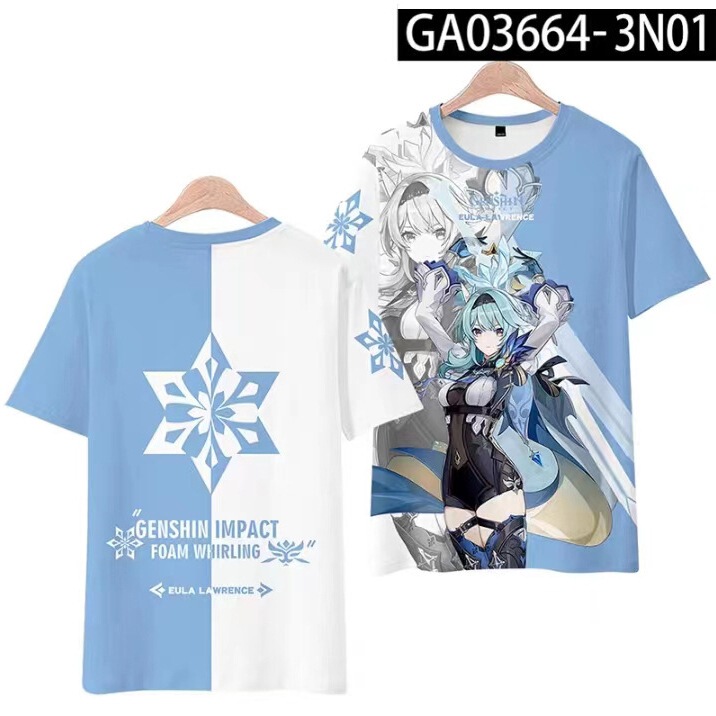 Genshin Impact Anime Short-Sleeve T-Shirt Merchandise Featuring Klee, Keqing, Ganyu, Hu Tao, Xiao, and Kazuha for Men and Women, 2D Cosplay Clothing