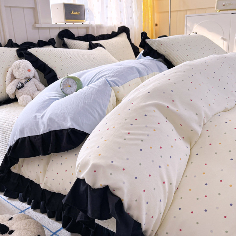 Cubierta de cama de hilo de doble capa de algodón de punto aeróbico Juego de cuatro piezas Funda de edredón de encaje Tatami Cubierta Kang Cojín Four Seasons Universal