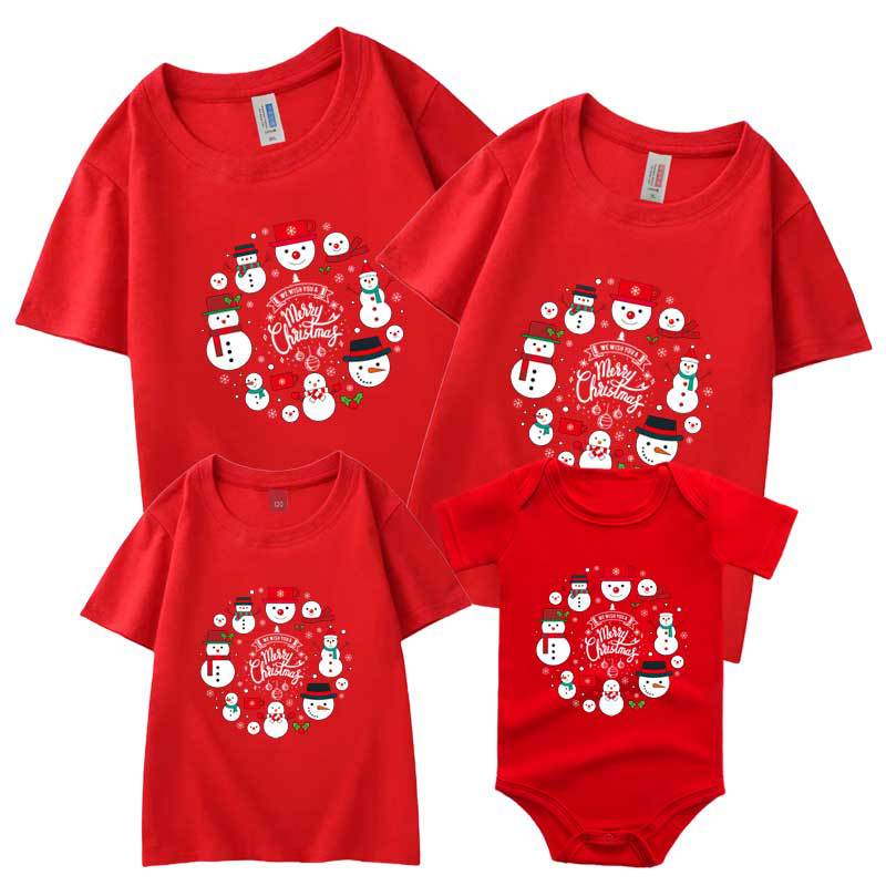 2022 círculo muñeco de nieve Feliz Navidad padre-hijo Camiseta de manga corta al por mayor verano algodón refinado ropa para niños bienes transfronterizos europeos y americanos