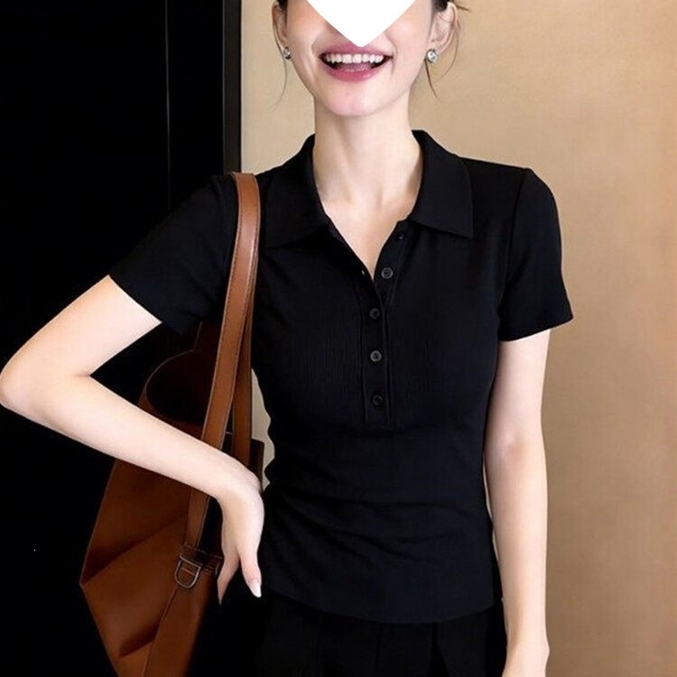 American-Style Black Polo Collar Short-Sleeve T-Shirt for Women, Summer 2026, Chic Slim-Fit, Flattering and Elegant Turn-Down Collar Top