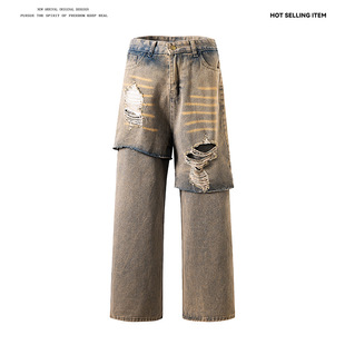 American Street Style Heavy-Duty Fake Two-Piece Jeans for Men with a Sense of Design, Distressed Washed Ripped Loose Cool Straight-Leg Pants