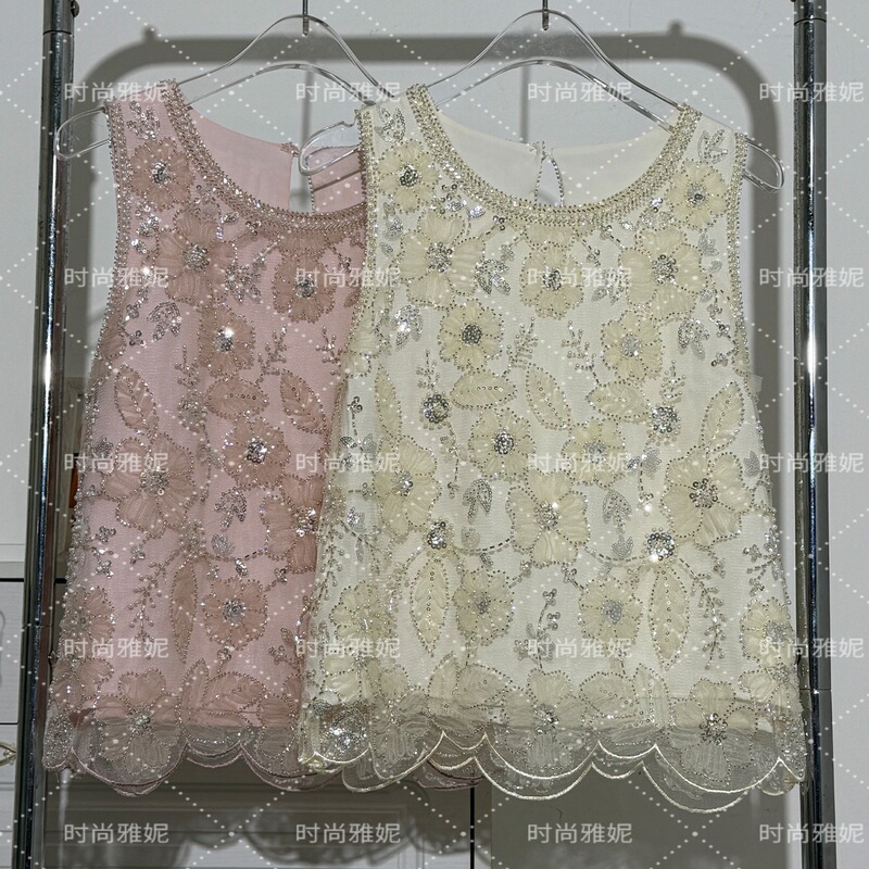 Fashionable Yani Heavy-Duty Sequined Pearl Sleeveless Vest for Women, Versatile Sexy Lace Top with Floral and Leaf Design
