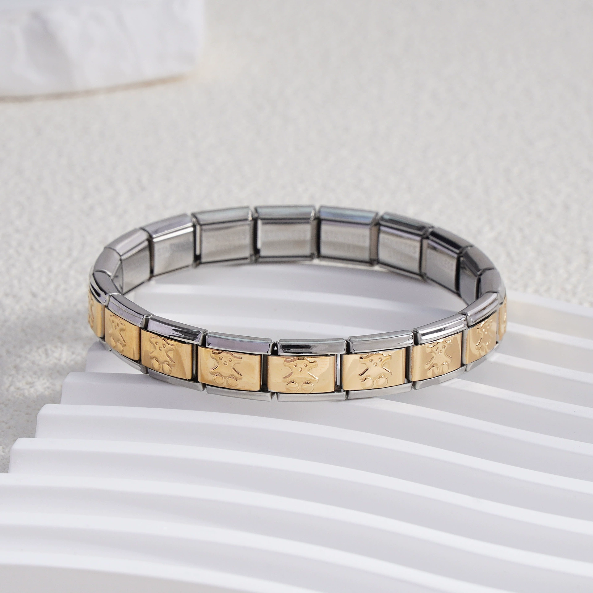 stainless steel bracelet, removable elastic link watch strap, italian european style, assorted charms