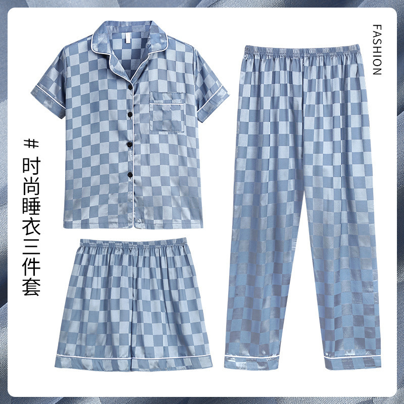 Pijamas japoneses ins pijamas hombres de seda de hielo de verano de manga corta casual de alta calidad de seda real de los hombres desgaste del hogar traje de tres piezas