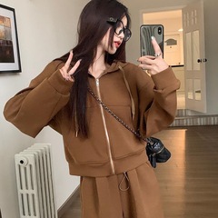大码胖日系休闲运动阔腿裤套装女300斤秋季连帽开衫卫衣两件套