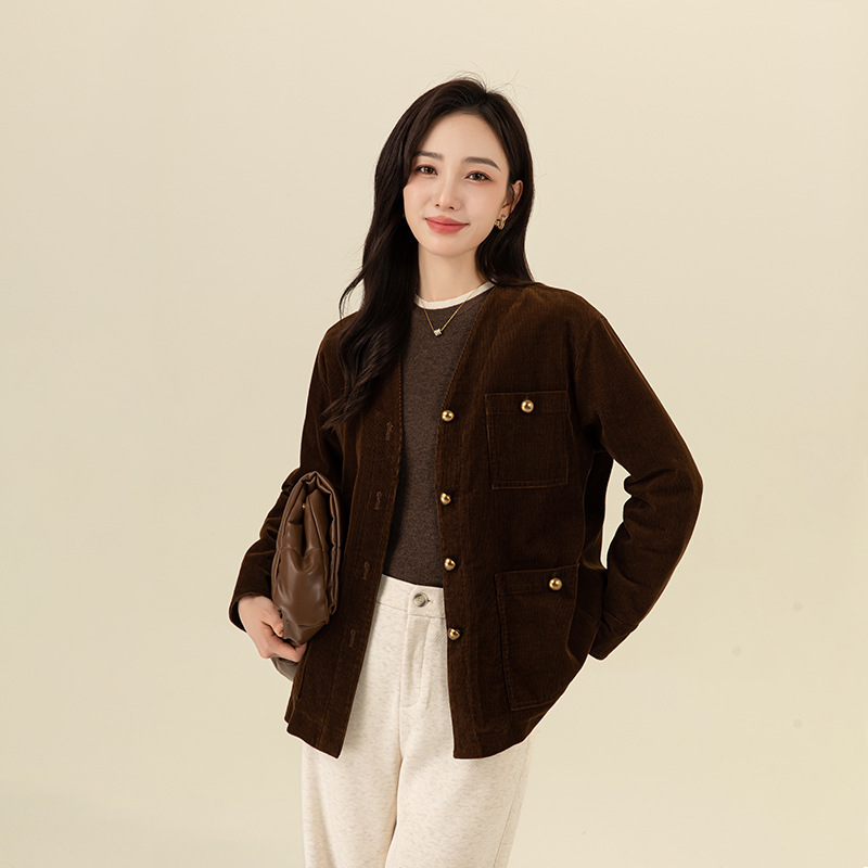 Yi Fei Han Feng 레트로 하이 앤 센스 코듀로이 카디건 재킷 겨울 여성을위한 새로운 캐주얼 올 매치 다운 재킷
