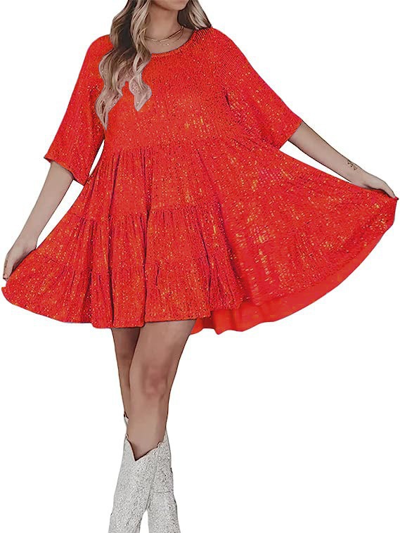 2025 comercio exterior europeo y americano nuevo estilo ventas directas color sólido moda lentejuelas cuello redondo cintura suelta vestido de manga corta vestido de banquete image 14
