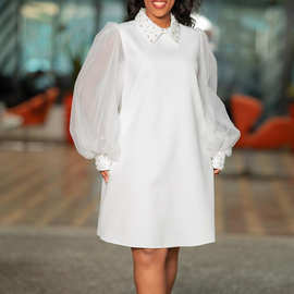 D371欧美女装跨境2023新款时尚网纱袖钉珠气质非洲大码外贸连衣裙