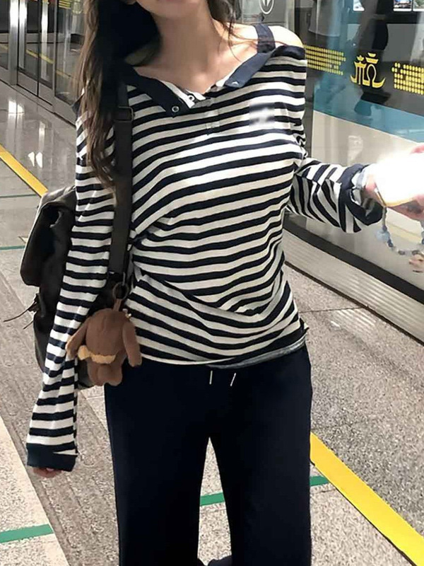 慵懒风甜辣妹条纹露肩长袖T恤女2025秋冬新款设计感修身显瘦上衣|undefined