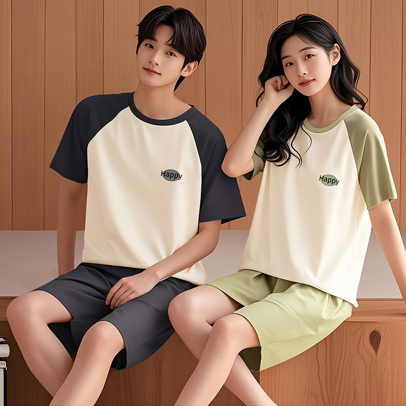 Couple Pajamas Women's Summer Ice Silk Short-sleeved Shorts Pullover Crewneck Home Clothes Men's Fashionable Thin suit Outer Wear