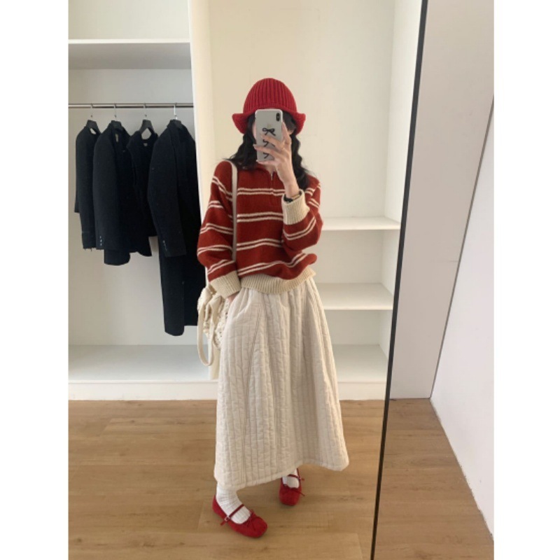 egg翻领条纹毛衣复古半拉链加厚针织衫女秋冬新款慵懒设计感显瘦|undefined