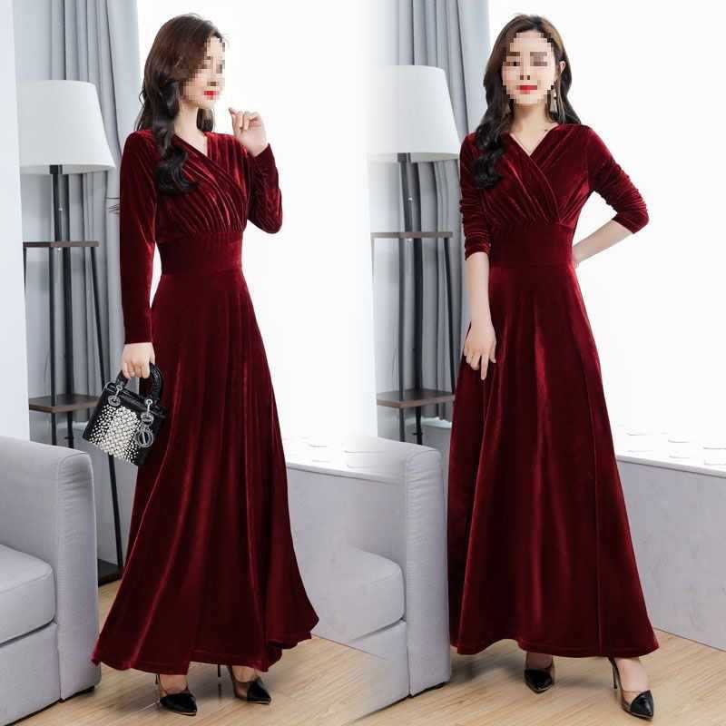 Spring, Autumn and Winter New Style Gold Velvet Dress Long Slim Elegant Long-Sleeved Large Size Autumn Women's Long Skirt