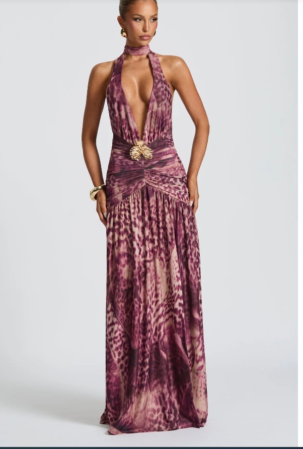 Women's Sexy Halter Neck Bodycon Maxi Dress With Low Back & Thigh Slit | Floral Print Ruffle Detail Lightweight & Flowy Fabric_ecoleips.com