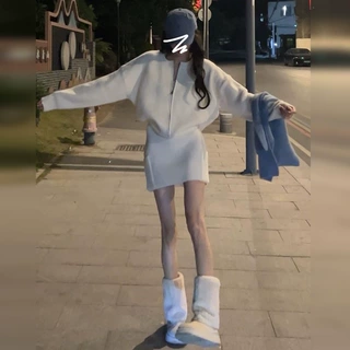 高级短裙感套女通勤内搭套装针织春秋白色毛衣半身裙两件新款开春