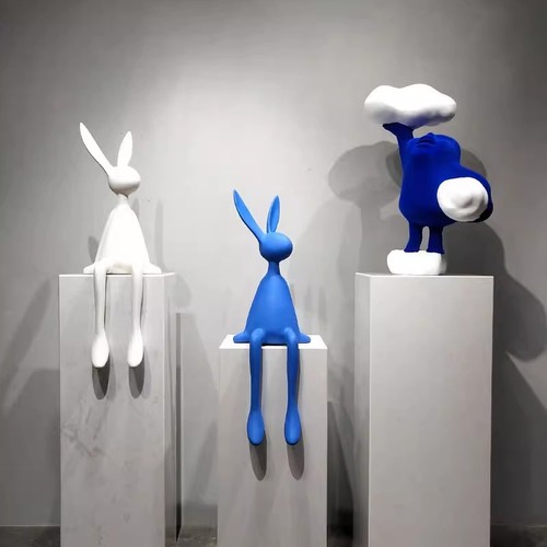 Minimalist modern black and white long ear rabbit figurine, cute rabbit sitting posture sculpture, living room TV cabinet home decoration item