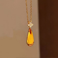 韩国新款黄色水滴吊坠项链女时尚简约小众百搭水晶花朵锁骨链气质