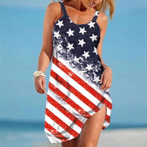 eabywish Women's Fashion New Flag 3D Print Strappy Dress